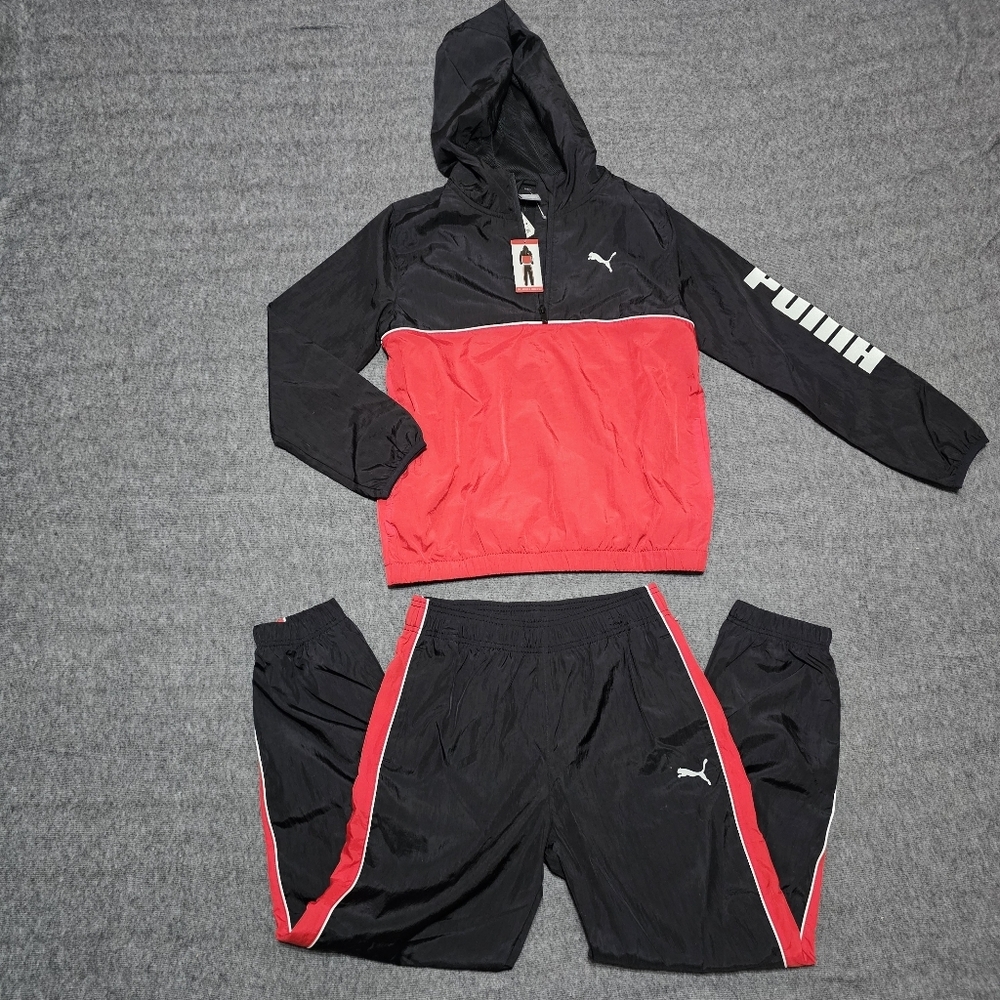 NWT PUMA Boys 2pc Tracksuit Jacket Joggers Black Red Set Size L 10/12